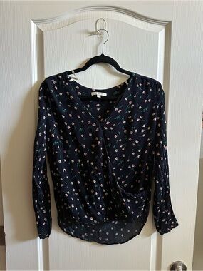 Pale Sky Bernalie Black Surplice Blouse with Pink Bud Print